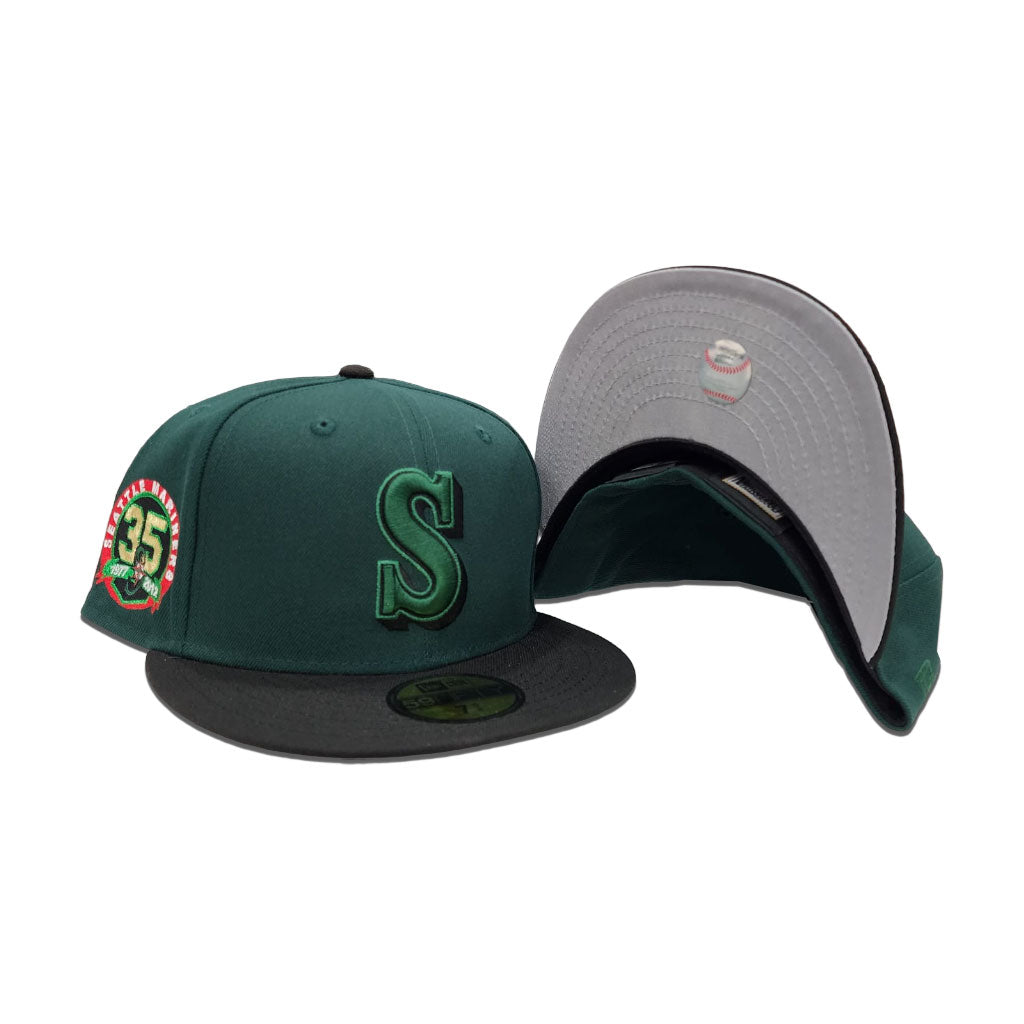 Dark Green Seattle Mariners Black Visor Gray Bottom 35th Anniversary Side Patch New Era 59Fifty Fitted