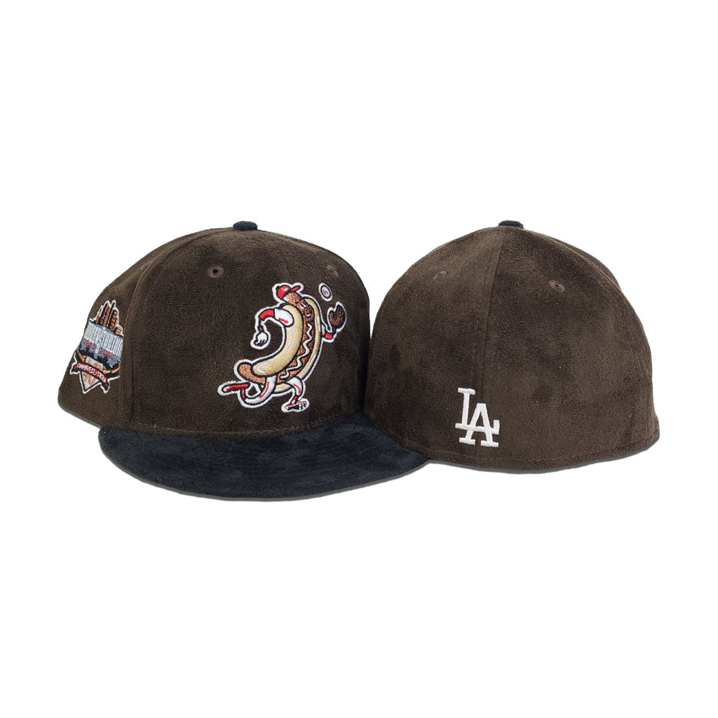 Brown Suede Los Angeles Dodgers Mascot Logo Black Suede Visor Gray Bottom 40th Anniversary Side Patch New Era 59Fifty Fitted