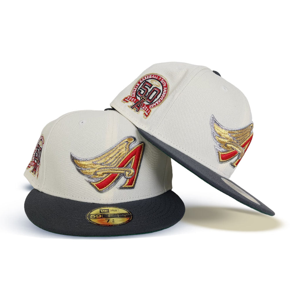 Off White Los Angeles Angels Dark Gray Visor Green Bottom 50th Anniversary Side Patch New Era 59Fifty Fitted