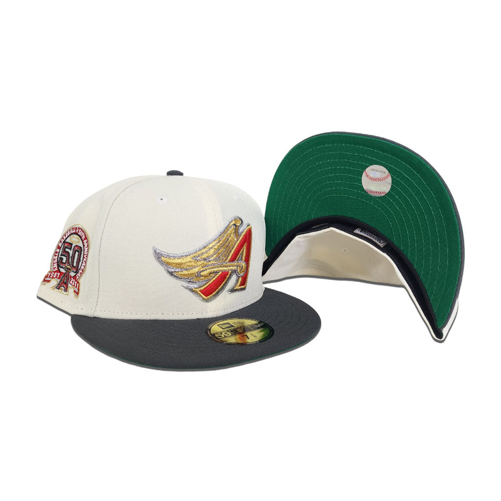 Off White Los Angeles Angels Dark Gray Visor Green Bottom 50th Anniversary Side Patch New Era 59Fifty Fitted