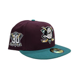 Maroon Anaheim Mighty Ducks Teal Visor Gray Bottom 30th Anniversary Side Patch New Era 59Fifty Fitted