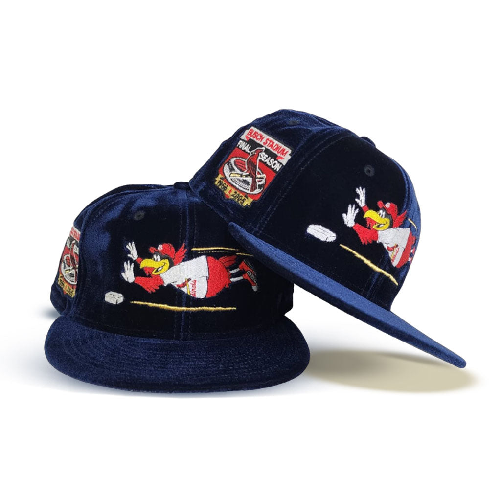 Navy Blue Velvet St. Louis Cardinals Mascot Logo Gray Bottom Busch Stadium Final Season Side Patch New Era 59Fifty Fitted