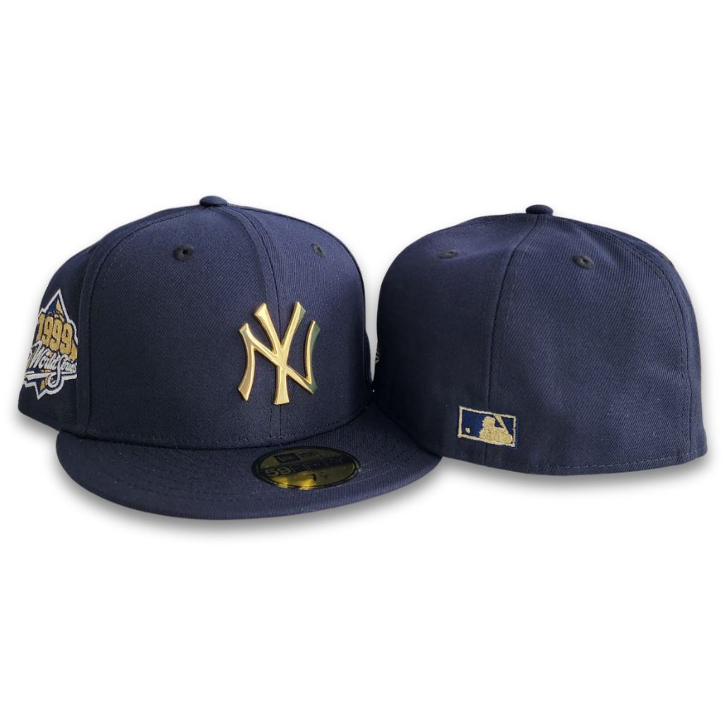 Navy Blue New York Yankees Gold Metal Badge Gray Bottom 1999 World Series Side Patch New Era 59Fifty Fitted