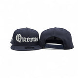 Navy Blue Old English Queens Gray Bottom Statue of Liberty New York NY Patch New Era 9FIFTY Snapback Hat