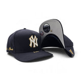 Navy Blue New York Yankees Curved Brim Metal Badge Gray Bottom New York Script Side Patch New Era 9Fifty A-Frame Snapback