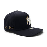Navy Blue New York Yankees Curved Brim Metal Badge Gray Bottom New York Script Side Patch New Era 9Fifty A-Frame Snapback