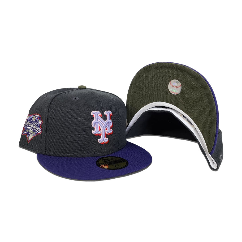 Dark Gray New York Mets Purple Visor Olive Green Bottom 2000 World Series Side Patch New Era 59Fifty Fitted