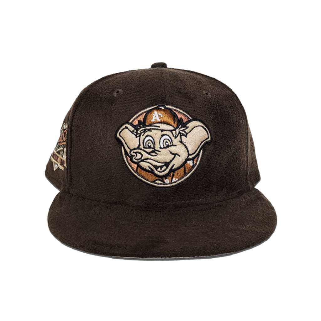 Brown Suede Oakland Athletics Mascot Logo Gray Bottom 1989 World Series Battle of The Bay Side Patch New Era 59Fifty Fitted