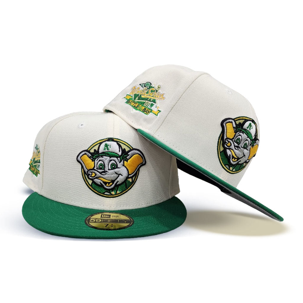 Off White Oakland Athletics Mascot Logo Green Visor Gray Bottom World Series Battle of The Bay Side Patch New Era 59Fifty Fitted