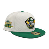 Off White Oakland Athletics Mascot Logo Green Visor Gray Bottom World Series Battle of The Bay Side Patch New Era 59Fifty Fitted