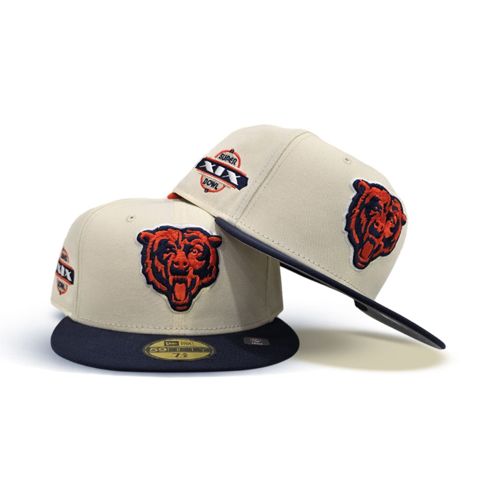 chicago bears hat that looks like a football helmet Off White Chicago Bears Navy Blue Visor Super Bowl XIX Side Patch New – Exclusive Fitted Inc