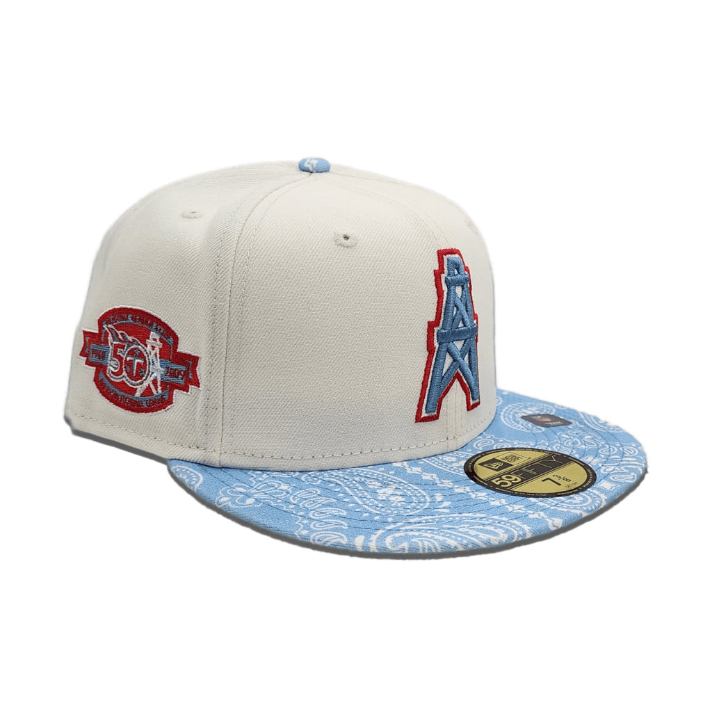 Off White Houston Oilers Sky Blue Paisley Visor Gray Bottom 50th Anniversary Side Patch New Era 59FIFTY Fitted 6 7/8