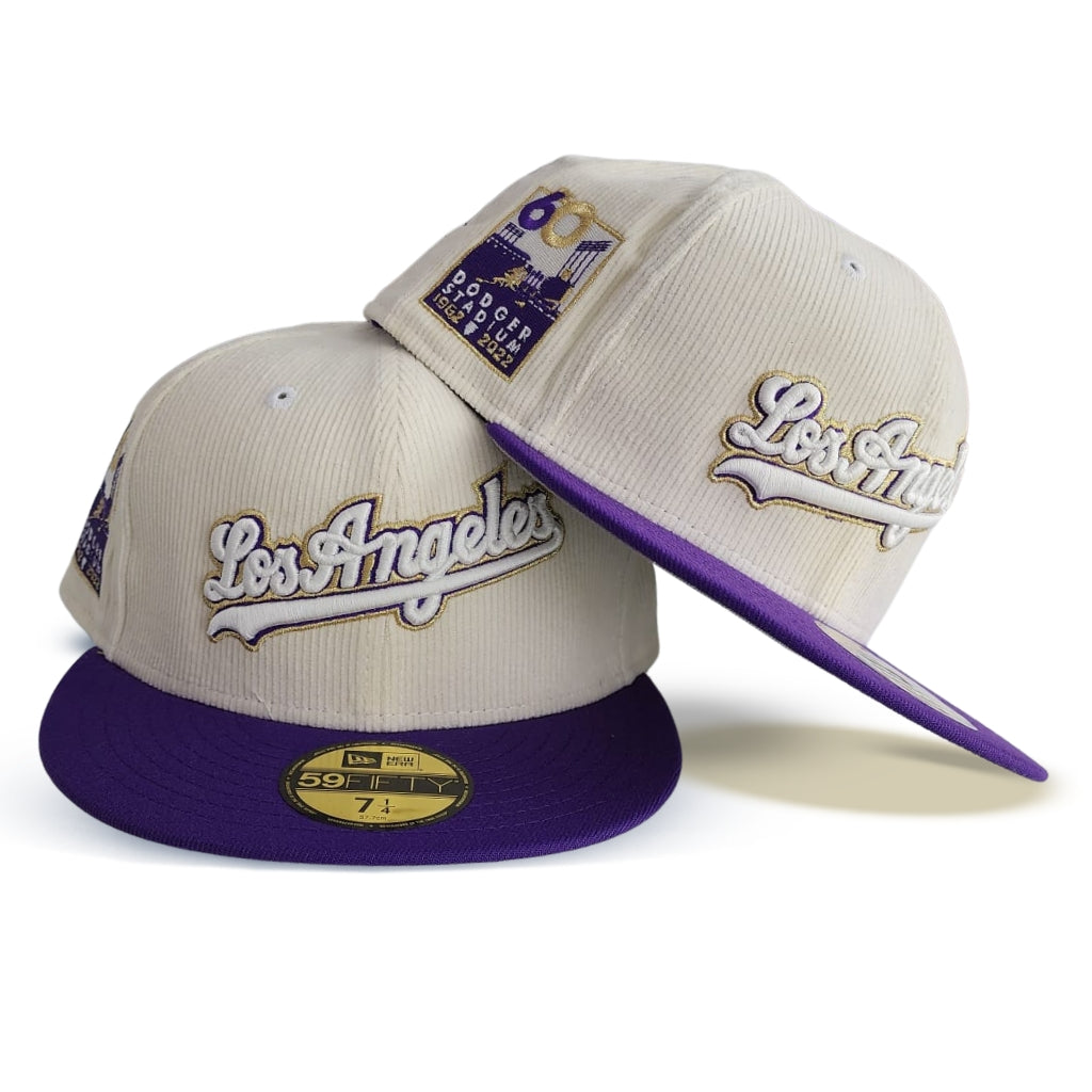 Off White Corduroy Los Angeles Dodgers Purple Visor Gray Bottom 60th Anniversary Side Patch New Era 59Fifty Fitted