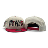 Off White New York Yankees Tattoo Logo Red Visor Gray Bottom Upside Down 1999 World Series Side Patch New Era 9Fifty Snapback Hat