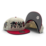 Off White New York Yankees Tattoo Logo Red Visor Gray Bottom Upside Down 1999 World Series Side Patch New Era 9Fifty Snapback Hat