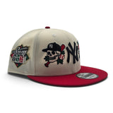 Off White New York Yankees Tattoo Logo Red Visor Gray Bottom Upside Down 1999 World Series Side Patch New Era 9Fifty Snapback Hat