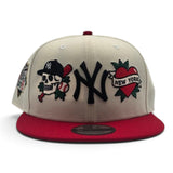 Off White New York Yankees Tattoo Logo Red Visor Gray Bottom Upside Down 1999 World Series Side Patch New Era 9Fifty Snapback Hat
