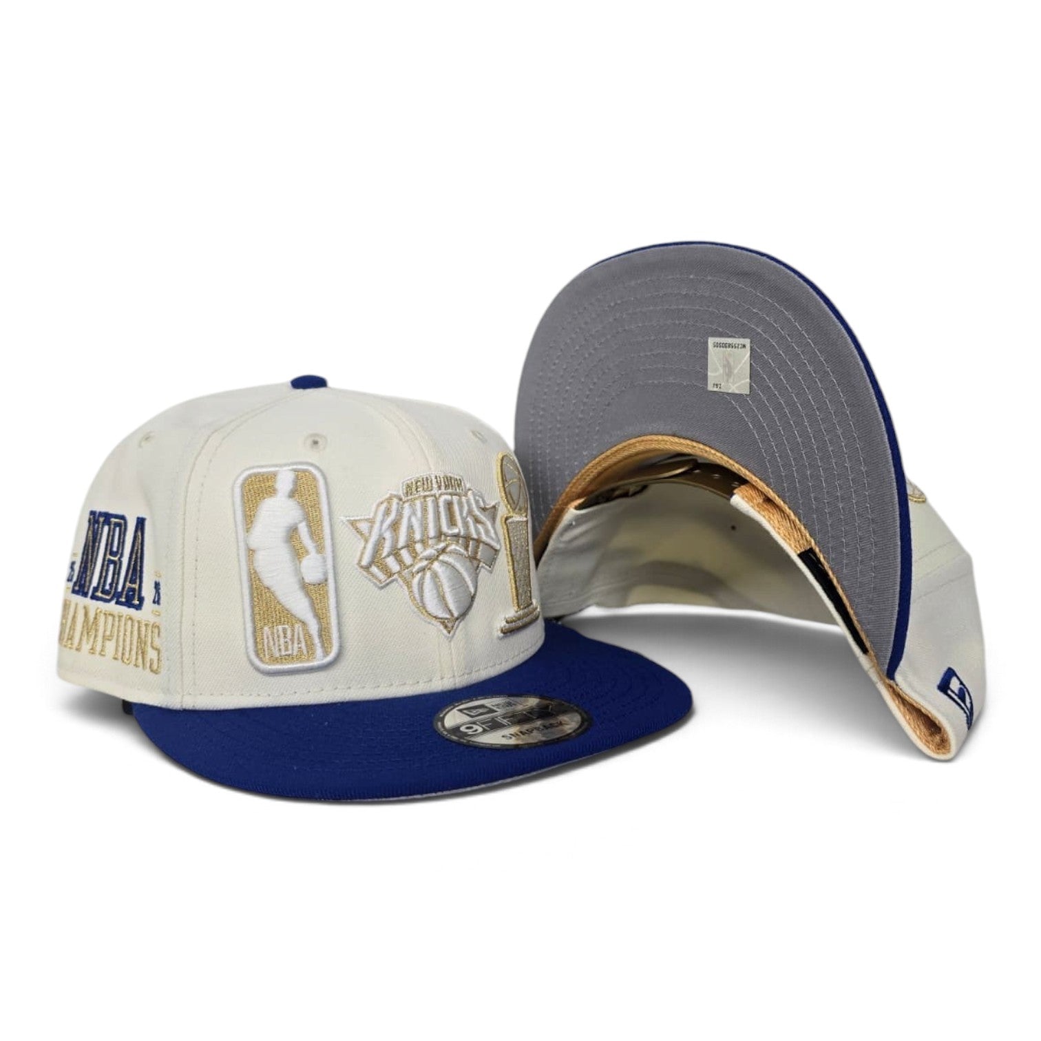 Off White New York Knicks Royal Blue Visor Gray Bottom 2025-2026 NBA Champions Side Patch New Era 9Fifty Snapback