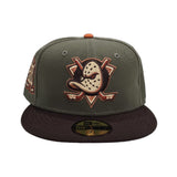 Olive Green Anaheim Mighty Ducks Dark Brown Visor Gray Bottom 30th Anniversary Side Patch New Era 59Fifty Fitted