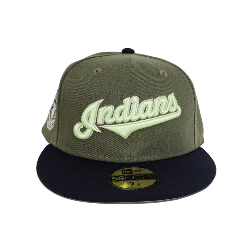 Olive Green Cleveland Indians Navy Blue Visor Gray Bottom Inaugural Season 1994 Jacobs Field Side Patch 59fifty Fitted