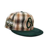 Tan/Brown Plaid Baltimore Orioles Dark Green Corduroy Visor Gray Bottom 20th Anniversary Side Patch New Era 59Fifty Fitted