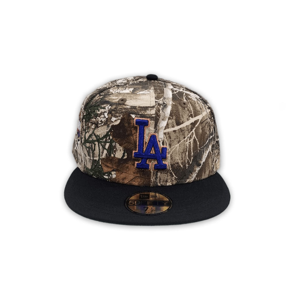 Real Tree Camo Los Angeles Dodgers Black Visor Green Bottom 40th Anniversary Dodgers Stadium Side Patch New Era 59Fifty Fitted
