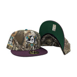 Real Tree Anaheim Mighty Ducks Plum Visor Green Bottom "Mighty Decade" EST 1993 Side Patch New Era 59Fifty Fitted