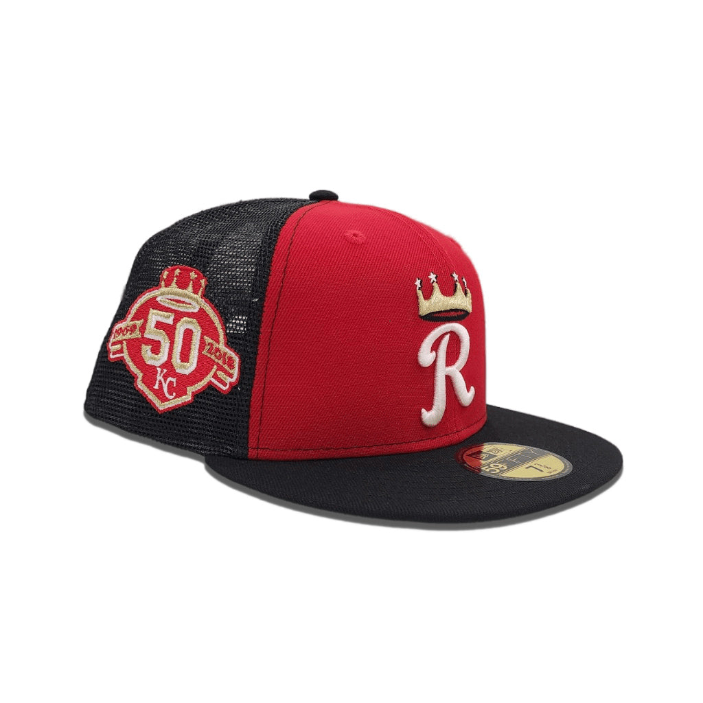 Red Kansas City Royals Black Trucker Green Bottom 50th Anniversary Side Patch New Era 59FIFTY Fitted 75/8
