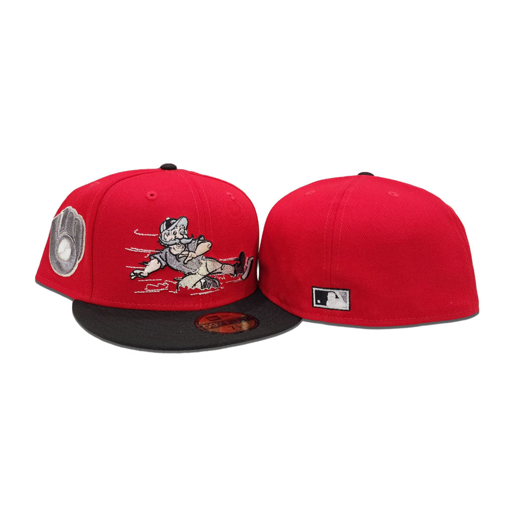 Black Mascot Milwaukee Brewers Red Visor Gray Bottom Team Logo Side Patch New Era 59Fifty Fitted