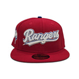 Red Texas Rangers Script Logo Green Bottom 2023 World Series Champions Side Patch New Era 59Fifty Fitted