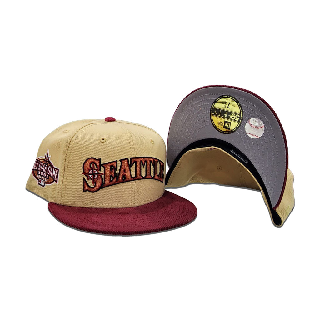 Vegas Gold Seattle Mariners Burgundy Corduroy Visor Gray Bottom 2001 All Star Game Side Patch New Era 59Fifty Fitted