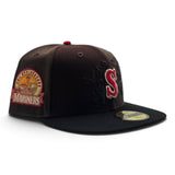 Brown/Walnut Pinwheel Seattle Mariners Crows Logo Black Visor Gray Bottom 30th Anniversary Side Patch New Era Fitted