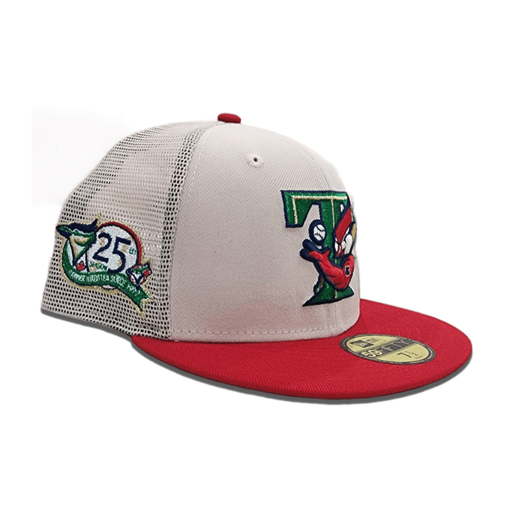 Stone Trucker Toronto Blue Jays Red Visor Green Bottom 25th Anniversary  Side Patch New Era 59Fifty Fitted