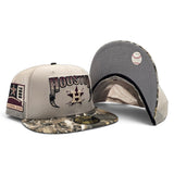 Stone Trucker Houston Astros Lightning Logo Real Tree Camo Visor Gray Bottom 2000 Inaugural Season Side Patch New Era 59Fifty Fitted