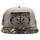 Stone Trucker Houston Astros Lightning Logo Real Tree Camo Visor Gray Bottom 2000 Inaugural Season Side Patch New Era 59Fifty Fitted
