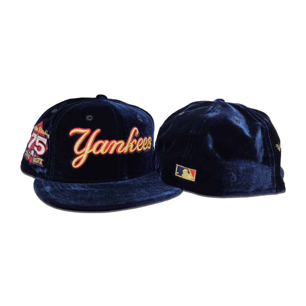 Navy Blue Velvet New York Yankees Red Bottom 75th Anniversary Side Patch New Era 59Fifty Fitted
