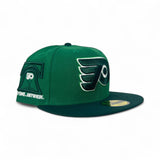Kelly Green Philadelphia Flyers Dark Green Visor Gray Bottom Anytime Anywhere Liberty Bell Side Patch New Era 59Fifty Fitted