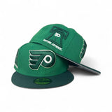 Kelly Green Philadelphia Flyers Dark Green Visor Gray Bottom Anytime Anywhere Liberty Bell Side Patch New Era 59Fifty Fitted