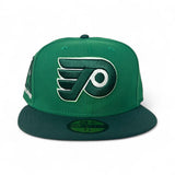 Kelly Green Philadelphia Flyers Dark Green Visor Gray Bottom Anytime Anywhere Liberty Bell Side Patch New Era 59Fifty Fitted