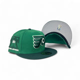 Kelly Green Philadelphia Flyers Dark Green Visor Gray Bottom Anytime Anywhere Liberty Bell Side Patch New Era 59Fifty Fitted
