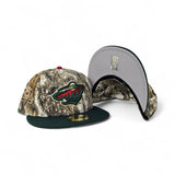 Real Tree Minnesota Wild Dark Green Visor Gray Bottom 5 Year Anniversary Side Patch New Era 59Fifty Fitted