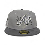 Light Gray Atlanta Braves Lighting Logo Storm Gray Visor Gray Bottom 1995 World Series Welcome To The Show Side Patch New Era 59Fifty Fitted