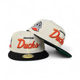 Off White Anaheim Ducks Black Visor Green Bottom Mascot Logo Side Patch New Era 59Fifty Fitted