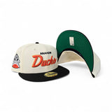 Off White Anaheim Ducks Black Visor Green Bottom Mascot Logo Side Patch New Era 59Fifty Fitted