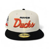 Off White Anaheim Ducks Black Visor Green Bottom Mascot Logo Side Patch New Era 59Fifty Fitted