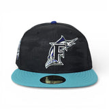 Tonal Black Camo Florida Marlins Teal Visor Royal Blue Bottom 1997 World Series Side Patch New Era 59Fifty Fitted