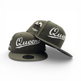 Olive Green Script Queens Gray Bottom Statue of Liberty New York NY Patch New Era 9FIFTY Snapback Hat