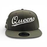 Olive Green Script Queens Gray Bottom Statue of Liberty New York NY Patch New Era 9FIFTY Snapback Hat
