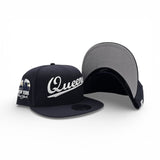 Navy Blue Script Queens Gray Bottom Statue of Liberty New York NY Patch New Era 9FIFTY Snapback Hat