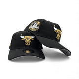 Black Chicago Bulls Gold Logo Curved Brim Gray Bottom 6x Champs Side Patch New Era A-Frame 9Forty Snapback